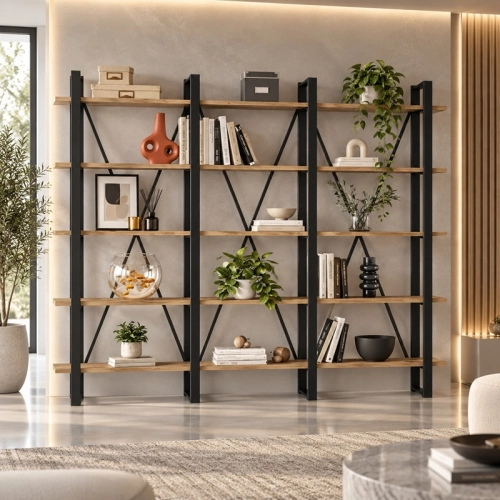 Libreria moderna industrial parete soggiorno 220xH180 cm rovere nero Caius